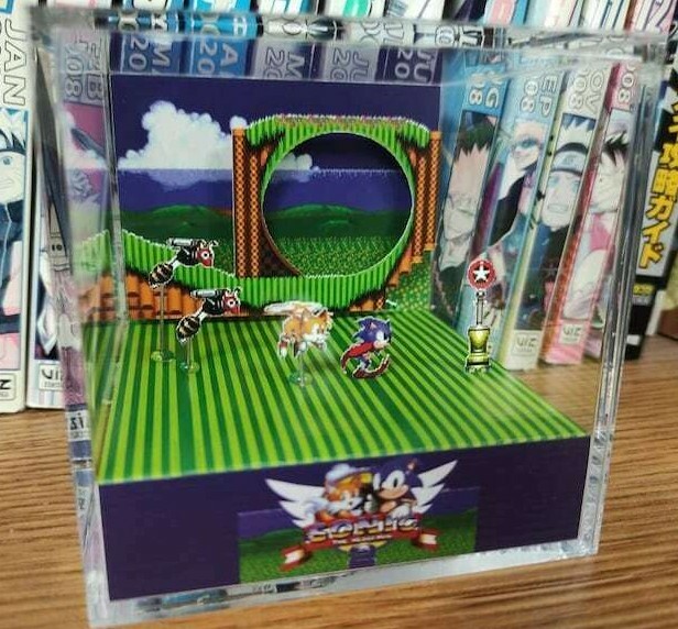 Sonic Hedgehog 2 Handmade Diorama – Sonic Gameboy / Retro Gaming Cube – Fanart