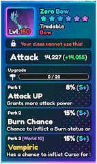 World Zero WZ – ZERO BOW – LVL 150 – S+ PERKS