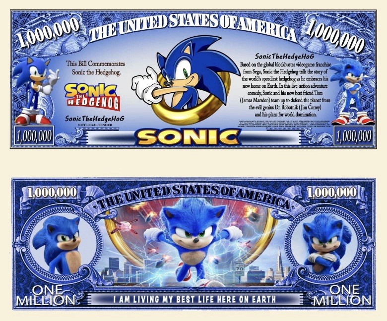 Pack of 5 Sonic Video Game 1 Million Dollar Bills Collectible Novelty Money