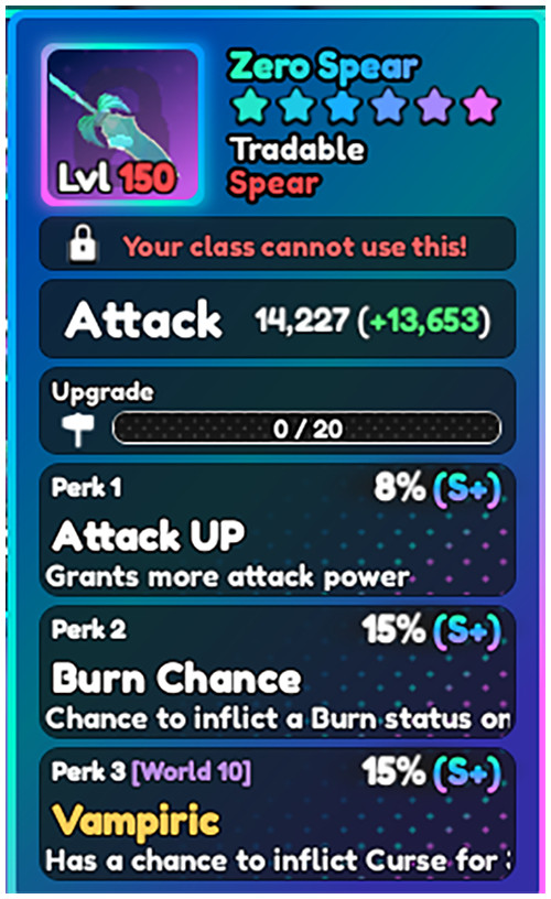 World Zero WZ – ZERO SPEAR – LVL 150 – S+ PERKS