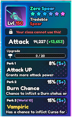World Zero WZ – ZERO SPEAR – LVL 150 – S+ PERKS
