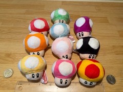 2” Nintendo Mushroom Plush/Keychain Collection Set of 10 OFFICIALLY LICENSED