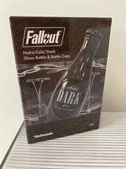 Fallout Nuka Cola Dark Glass Bottle + 10 Bottle Caps Tin Rocket Statue Figure