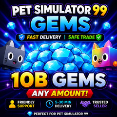 Pet Simulator 99 10B Gems ⚡ Fast Delivery ⚡ Safe Trade | PS99 | Roblox