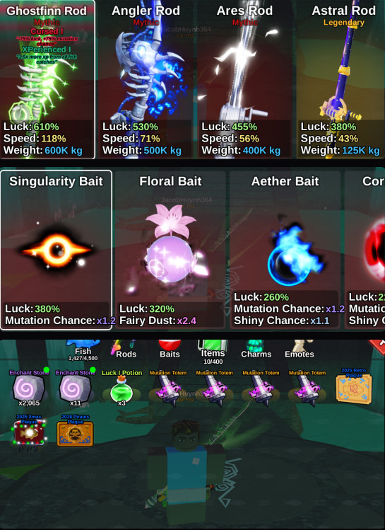 [FISH IT!] Ghostfinn Rod + 15M COINS + Singularity Bait + LVL 1112+ Random Skins