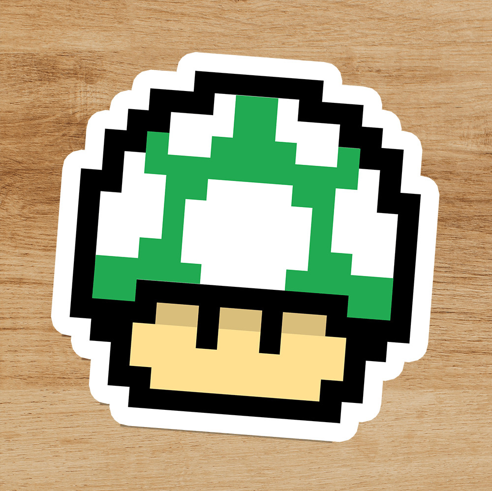 Mario Bros Pixel Green 1-up Mushroom Koopa High Quality Sticker 3×3 In Nintendo