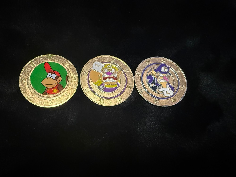 Lot Of 3 Super Mario Tokens. WALUIGI, WARIO AND DIDDY KONG.
