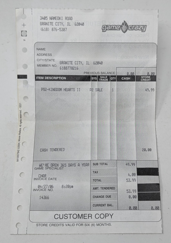 Game Crazy Store Receipt Kingdom Hearts 2 Display PS2 PlayStation 2 Vintage 2006