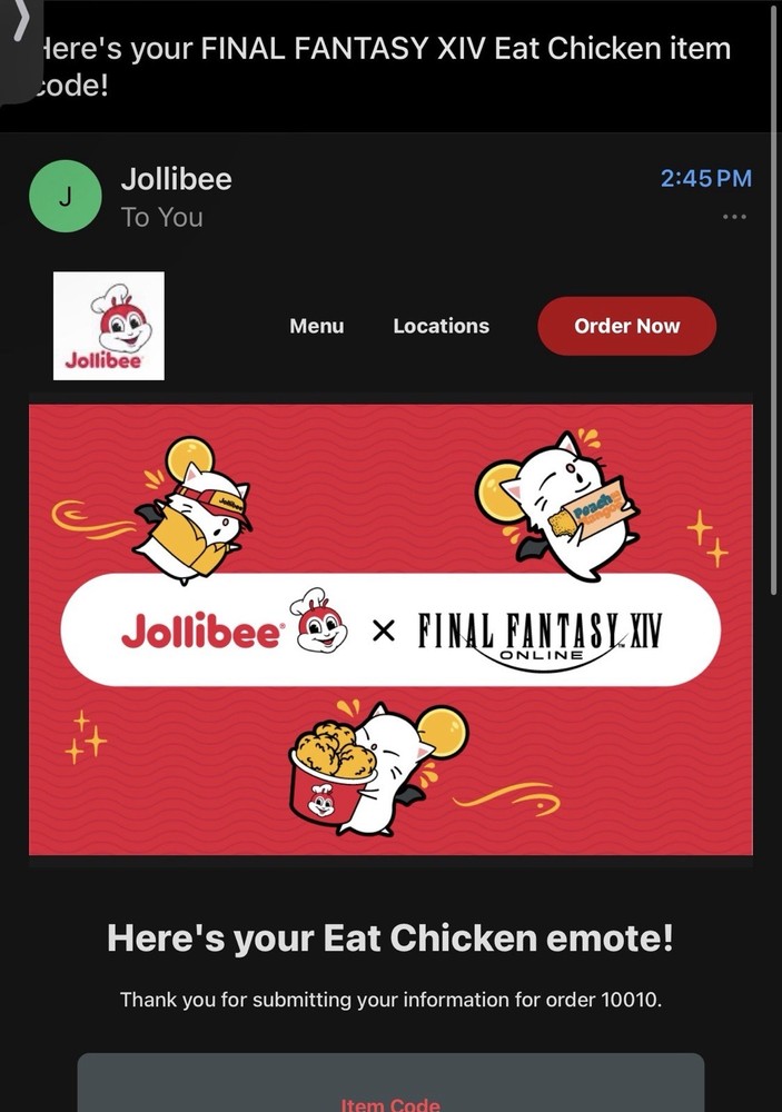 Jollibee x Final Fantasy XIV Collaboration Eat Chicken Emote Code Only Read Desc