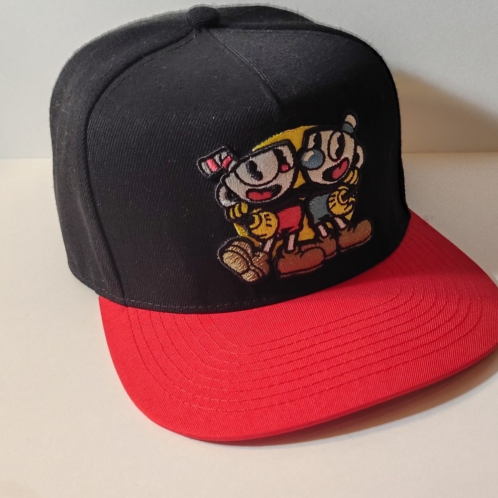 Bioworld Cuphead Mugman Adjustable Snapback Hat Embroidered Characters Black Red