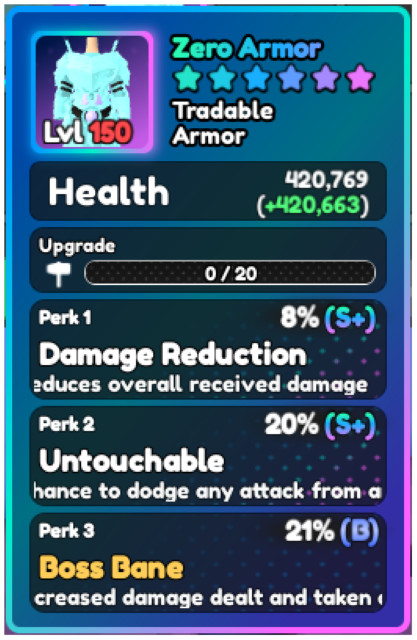 World Zero WZ – ZERO ARMOR – LVL 150 – S+ PERKS