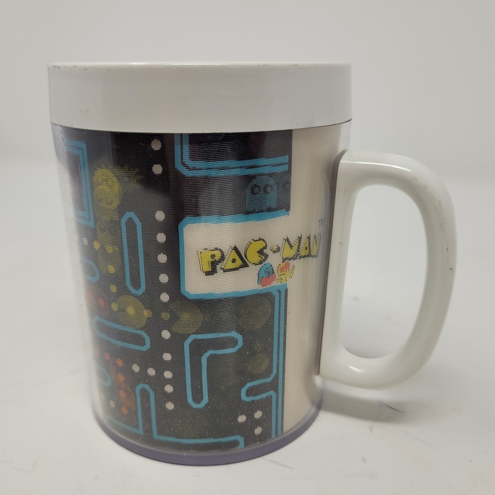 Vintage Pac-Man Lenticular Moving Cup Mug 1980 Bally Midway Thermo Serv Plastic
