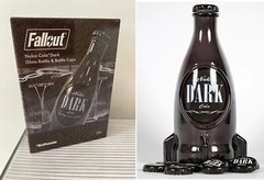 Fallout Nuka Cola Dark Glass Bottle + 10 Bottle Caps Tin Rocket Statue Figure