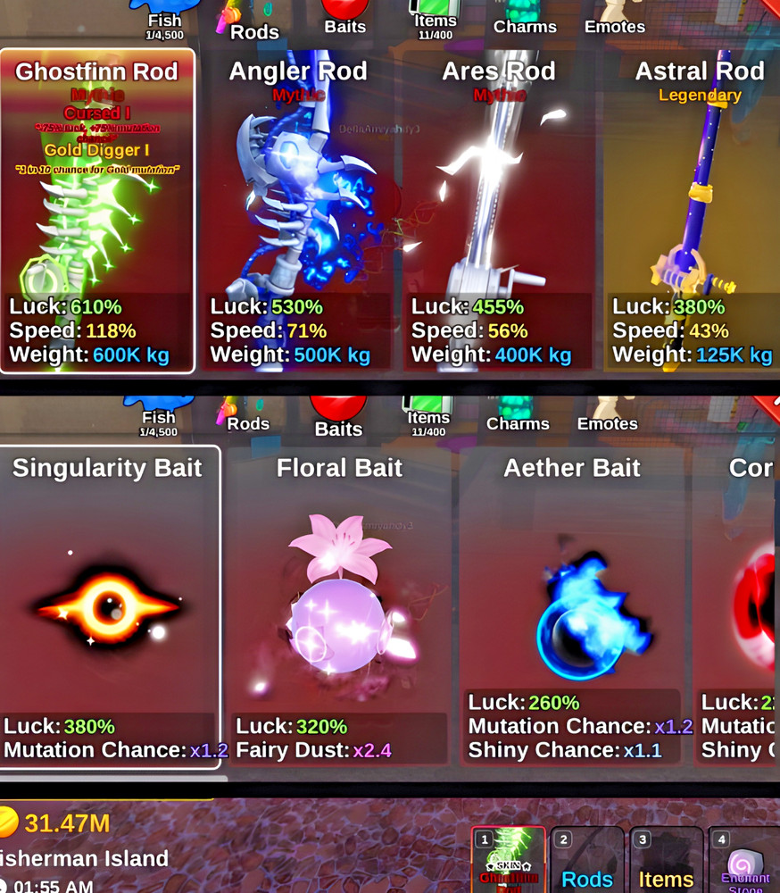 [FISH IT!] Ghostfinn Rod + 30M COINS + Singularity Bait + LVL 1000+ Random Skins