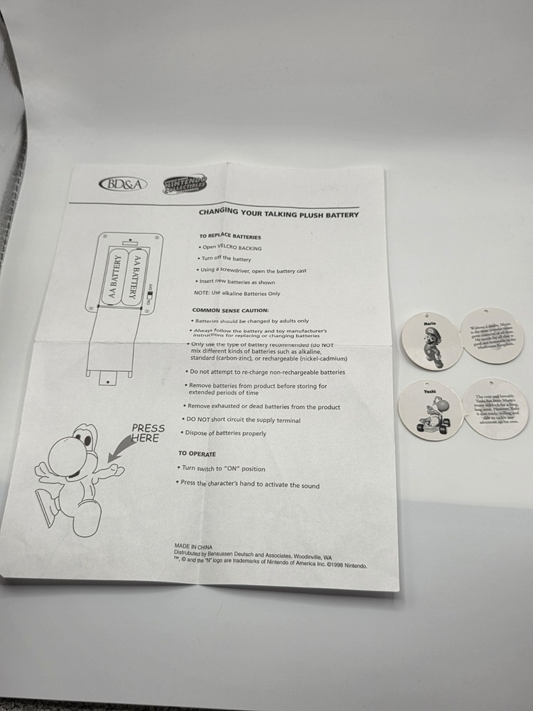 1998 Nintendo BD&A Talking Plush Tags & Instruction Sheet Mario Yoshi N64